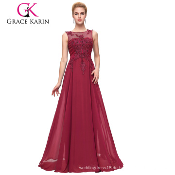 Grace Karin Plus Size Sleeveless V-Back Wein Red Chiffon Abendkleid für Fat Women CL007555-5